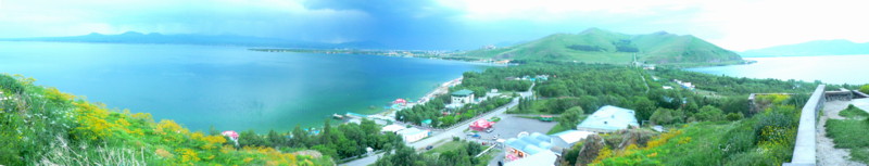 Lake Sevan from Sevanavank at Sunset looking West into a large thunderstorm