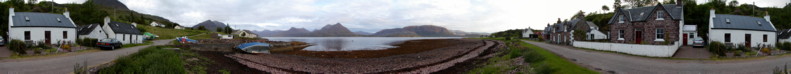 Panorama from the Fishing Pier in Inveralligin Village, including Wavecrest and Ivy Cottage - Torridon, Scotland