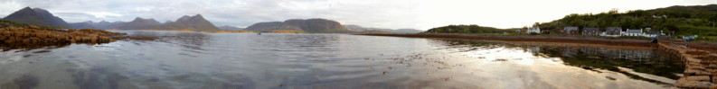 Panorama from the Fishing Pier in Inveralligin Village at Low Tide on a beautiful evening in June - Torridon, Scotland