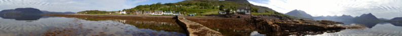 Panorama from the end of the Fishing Pier at Low Tide in June in Inveralligin Village - Torridon, Scotland