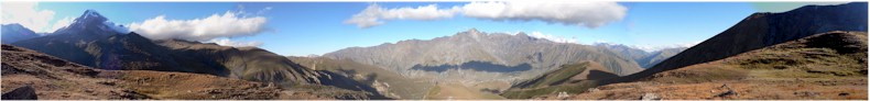 Panorama along the Gergeti Hike above Kazbegi, walking towards Kazbeg Peak