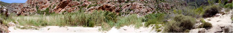 Lover's Walk (Badskloof) between Montagu Springs and the Oude Meul at Montagu Town, Western Cape, South Africa. Panorama taken around 800metres from Montagu Springs on a white sandy river beach.