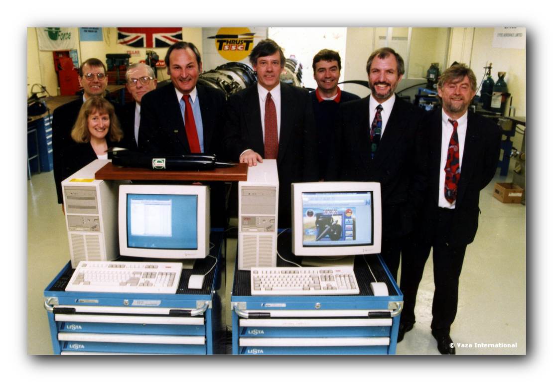 Andy Fulton-Robb, David Probert, Richard Noble, Ron Ayres, Shani Morris and Robin Richardson - In the G-Tech Production Works - Fontwell - 12th April 1995 - Media Launch of the ThrustSSC Web-Site (BBC South and ITV Meridian TV Crews, together with NET Magazine !)