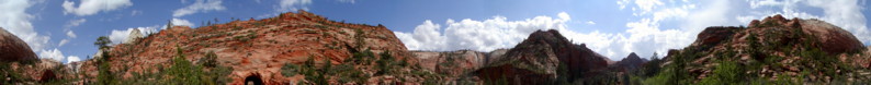 View across the red rock of Zion Canyon Natural Park, Utah, just after the long tunnel 
